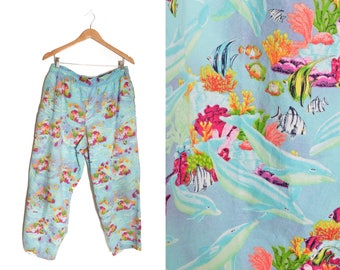 80s Sea Animal Patterned Pants Large Cook Underwater Ocean Drawstring Oversized XL