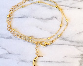 Double Wrap Anklet- Gold Ankle Bracelet with Moon Charm
