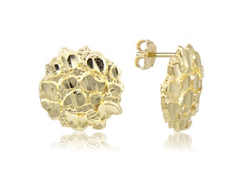 10K Solid Yellow Gold Round Nugget Stud Earrings - Diamond Cut
