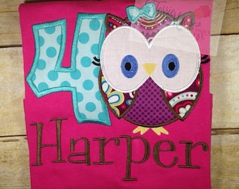 Owl Birthday Shirt, Owl Applique Shirt, Personalized Owl Shirt