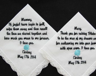 Wedding Handkerchief Embroidered for Mother of the Bride and Mother of the Groom