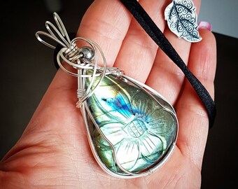 Carved labradorite and silver pendant