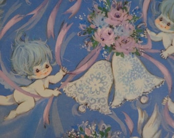 Vintage 1960s Wedding Gift Wrap- Blue Haired Cherubs, Bells & Bouquets- 1 Sheet Wrapping Paper