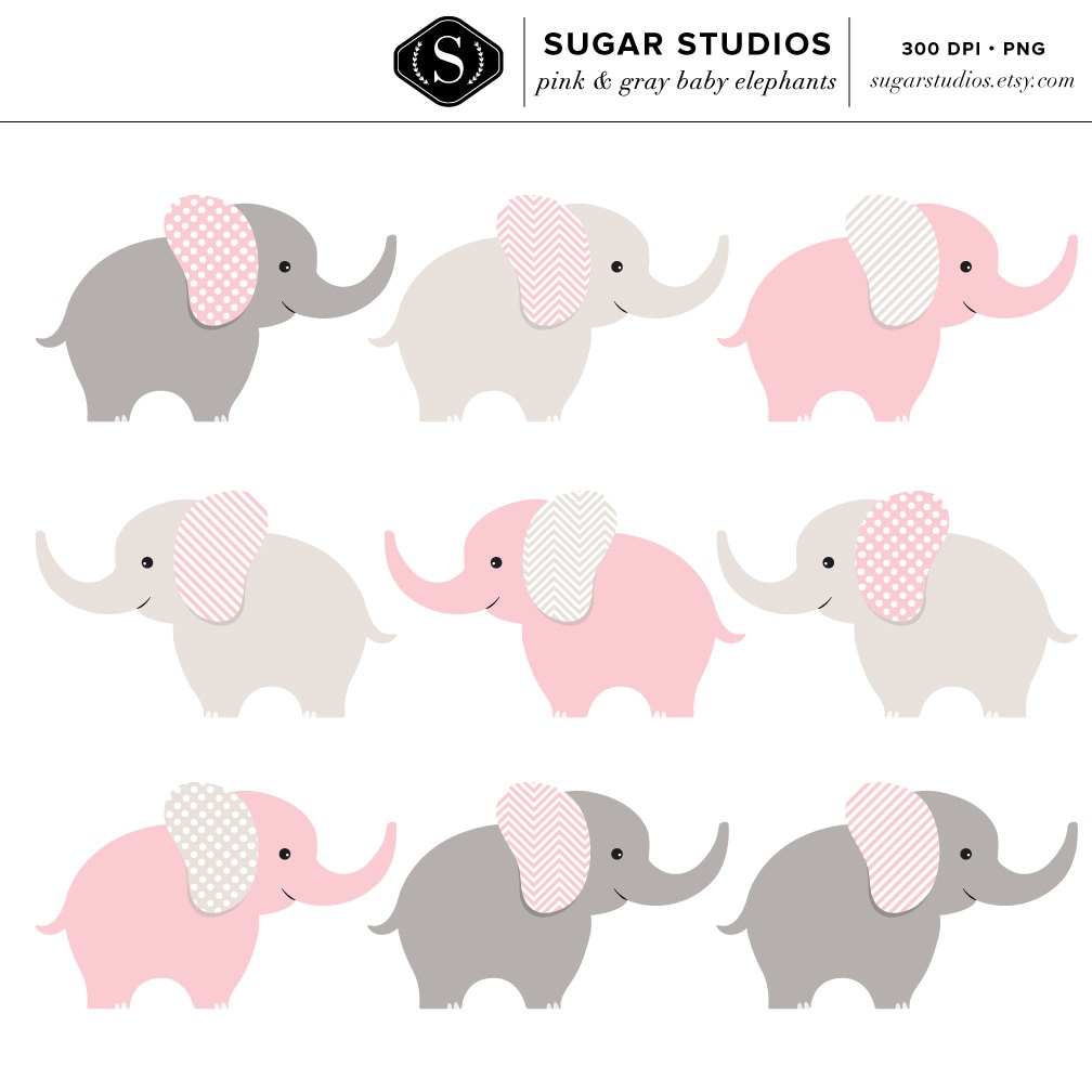 Pink and Gray Baby Elephants Digital Clipart 9 Pieces for