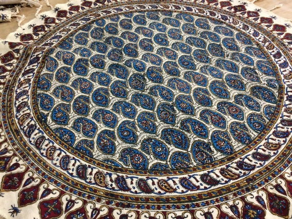 blue ghalamkari , round tablecloth, 24" floral table top, natural colour tablecloth, cottage style , traditional cloth , paisley design