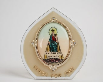 Vintage Our Lady of Grace Pray For Us Standing Shrine - Beata Vergine delle Grazie Prega Per Noi Italian Shrine (SD425)