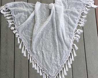 White Lace Wedding Shawl, Sparkly Fringe Shawl, Gypsy Shawl, Fancy White Piano Shawl, Sparkly Shoulder Cover Up