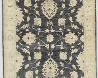 Transitional Floral Handmade Black Rug 4x6