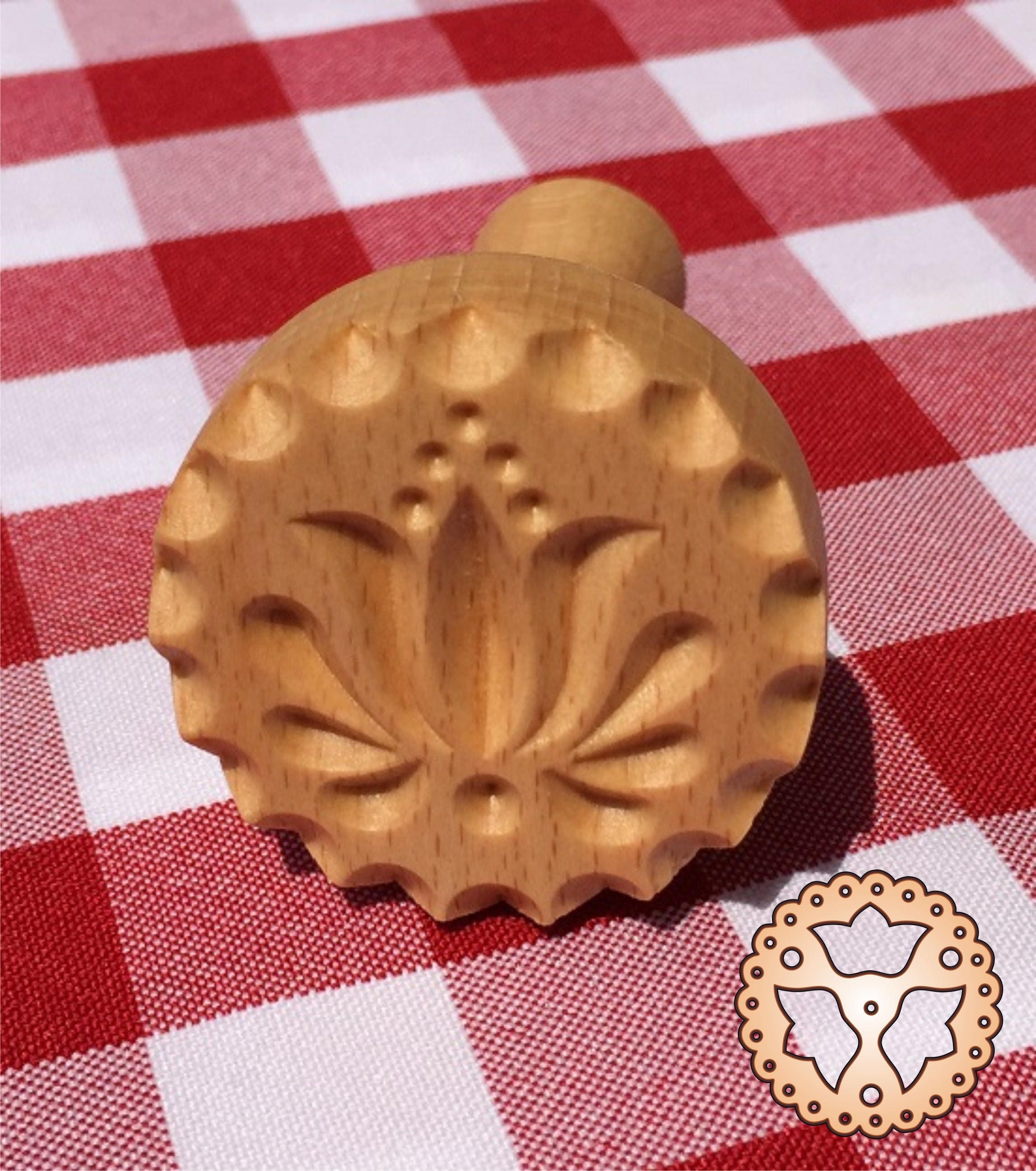 Wooden biscuit stamp with Hungarian folk art Kalocsai tulip