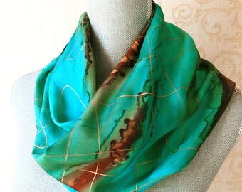 Southwestern Silk Scarf Hand Painted in Turquoise and Brown with Gold Accent