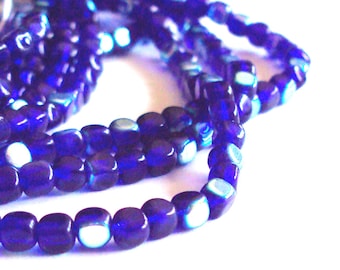 Czech glass x 100, Cobalt AB, 4mm cube, pressed beads