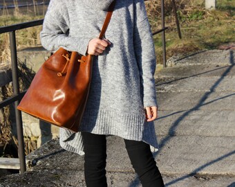 bucket bag, brown leather tote bag, handmade leather bag, leather shoulder bag