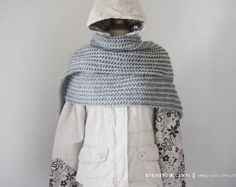 long knit scarf || oversized scarf || knitted grey scarf | lacy ribbed scarf | hand knit wrap -grey heather 11 x 81''