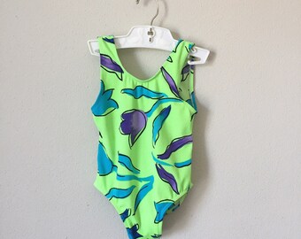 Vintage 1980s Swim Suit 80s 90s Neon Green Tulip Print One Piece Bathing Suit Swimsuit Summer 3 4 4T