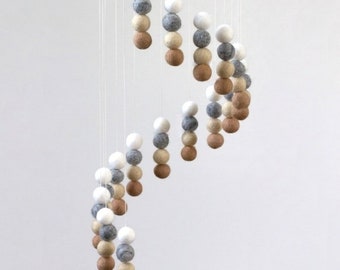 Spiral Felt Ball Mobile- Neutral Nursery- Tan, Almond, Gray, White- Nursery Childrens Room Pom Pom Mobile Garland Decor