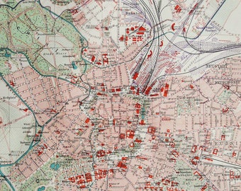 1897 Antique city map of LEIPZIG, GERMANY. 121 years old chart.