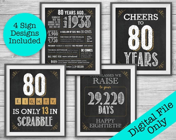 80th Birthday Printable Party Decor 4 Unique 8x10 Chalk