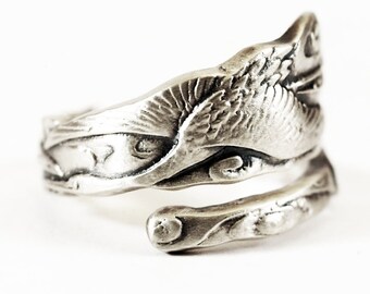 Crane Ring, Bird Ring, Sterling Silver Spoon Ring, Crane Art, Handcrafted Jewelry, Asian Ring, Adjustable Ring Size 5 6 7 8 9 10 11 (2177)