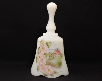 Fenton Hand Painted Satin Glass Bell with Glass Frit - Pink Floral - Cottage Home - LOVE Verse for Someone Special
