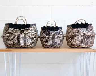 Raven Pompom Baskets - Belly Basket - Storage Basket - Plant Basket - Pompom Basket - Black Basket - Seagrass Basket - Collapsible Basket