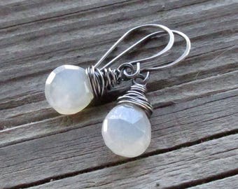 Pearl Chalcedony Earrings, Oxidized Sterling Silver Wire Wrap, Handmade Earwires - Mystic Pearl Heart Gemstone Briolettes