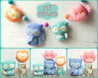 PDF. Owl family garland. Plush Doll Pattern, Softie Pattern, Soft felt Toy Pattern.