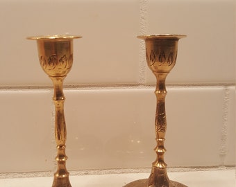 Small, brass candlestick holder set
