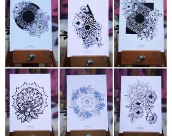Set of 6 postcards, flowers & Mandalas