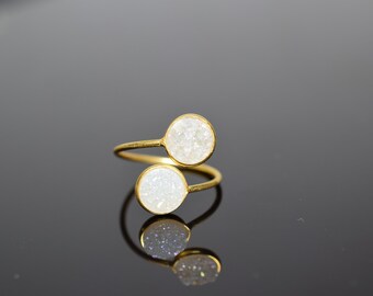 Druzy Ring,Geode Ring,Gemstone Ring,Rough Ring,Semi Precious Ring,Druzy Jewel,Adjustable Ring,Double Druzy Ring,Druzy Geode Ring,white Druzy