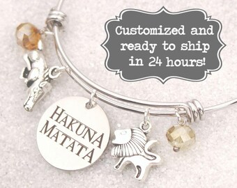 Lion King Engraved - Hakuna Matata Bracelet DISNEY Inspired, Lion and Warthog Bracelet, Custom Name Charm Bracelet, Adjustable Bangle
