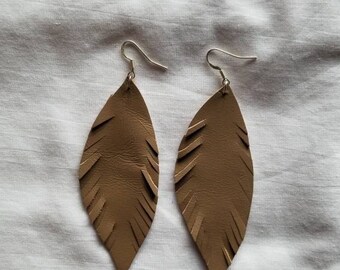 Taupe Leather Feather Earrings