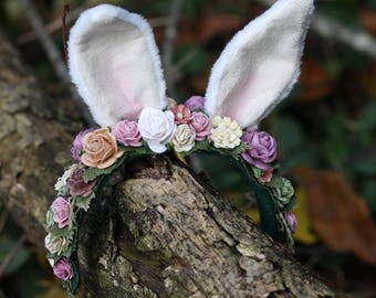 OOAK Rabbit Wreath for Blythe - Mori Girl Bunny Ears Floral Headband