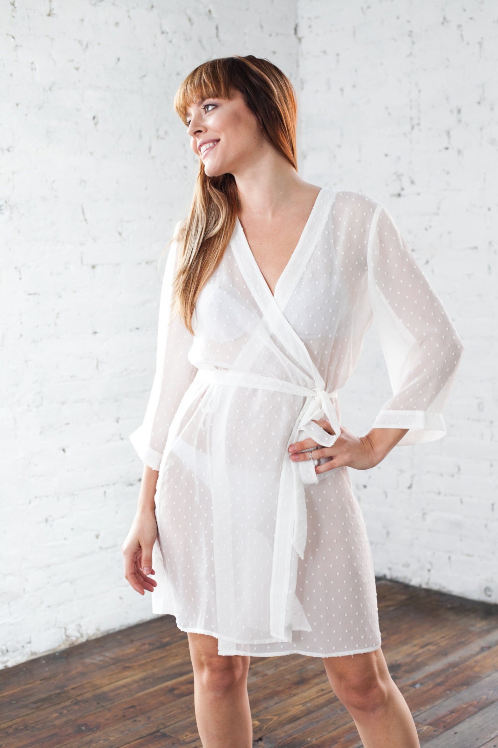 Sheer Ivory Robe/ White Bridesmaid & Brides Kimono Dressing