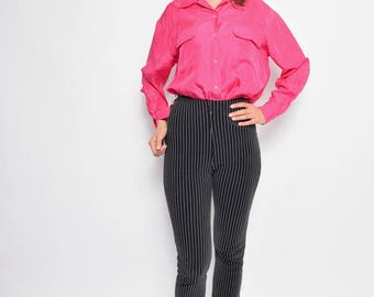 Vintage 90's Pink Silk Shirt / Pink Button Blouse - Size Large