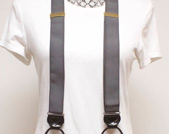 Vintage Mens gray herringbone button on suspenders