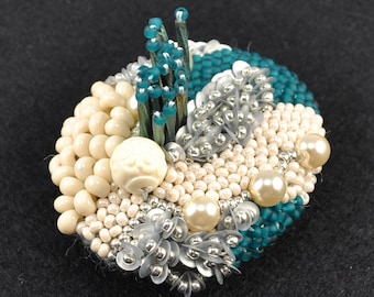 circle beads brooch, blue and white brooch, statement brooch, sparkly brooch, embroidered brooch, art brooch, oval brooch, cool brooch No.3