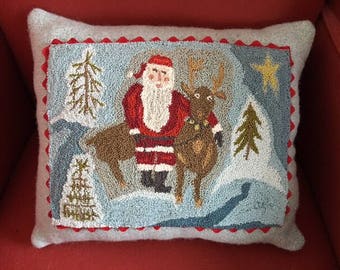 Antique Santa and Reindeer punch needle pillow