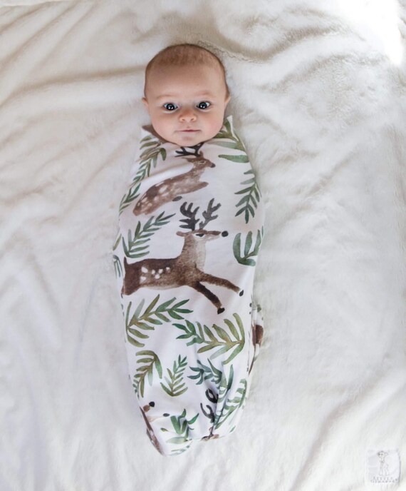 Organic cotton swaddle in Watercolor Deer with Leaves
