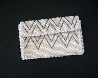 Small Vintage Beaded Clutch, White Beaded Bridal Evening Clutch, Hand Beaded in Japan, 1950s