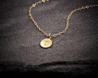 Gold Initial Letter Necklace Charm, Initial Necklace, Personalized Stamped Necklace, Name, Gold Necklace, Circle Disc Charm, Gold Filled
