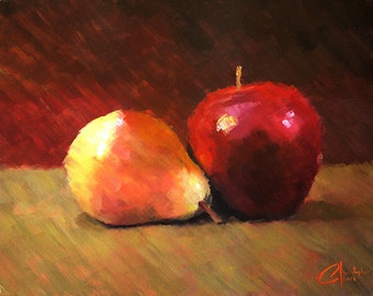 SALE! Original oil fruit still life food painting, "Apple and Pear", 18x24"