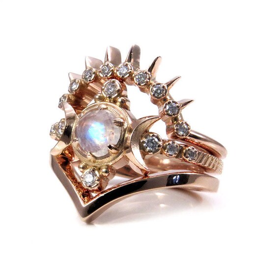 Rainbow Moonstone Moon Goddess Engagement Ring Set with Sunray and Chevron Wedding Bands