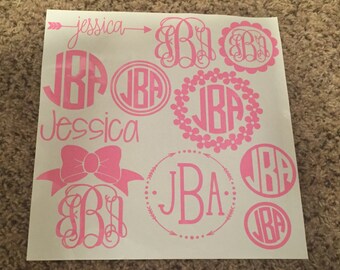 Monogram Decal Full Sheet Sample Pack 11 decals / Monogram sticker /circle monogram/ laptop monogram / bottle monogram / notebook monogram