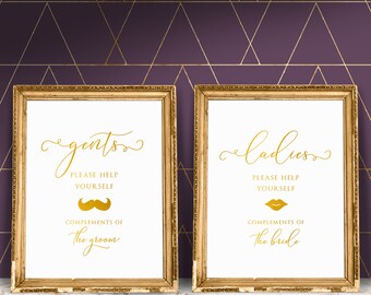 Ladies and Gents Sign Set Bathroom Help Yourself Restroom Wedding Signage Real Gold Foil Print Sign