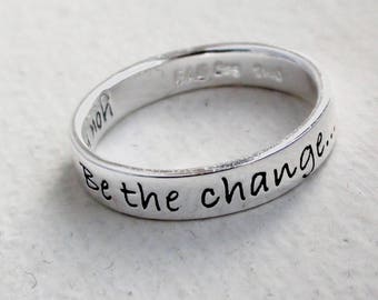 Vintage Mahatma Gandhi Revolution Quote Thin Band Ring .925 Sterling Silver Thailand