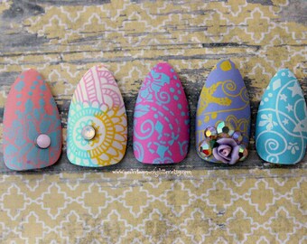 Matte Pastel Stiletto Nails | Patterned Press On Nails | Stiletto Fake Nails | Prom Nails | 3D Acrylic Glue on Nails