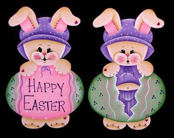 Bunny with Easter Egg Ornament or Fridge Magnet, Handpainted Wood, Hand Painted Easter Bunny Refrigerator Magnet, Tole Decorative Painting