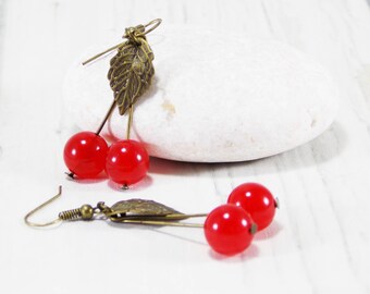 Red cherry earrings jade earrings leaf earrings jade jewelry red earrings ball earrings cherry jewelry red fruit earrings rockabilly jewelry