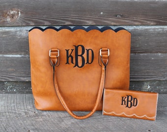 Monogrammed Scalloped Wallet- Brown- Beige- Faux Leather