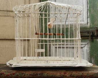 Antique Chippy White Wire Bird Cage, Vintage Doomed Cage with , Collectible Bird Cage, Vintage Metal Cage with White Folk Art Bird
